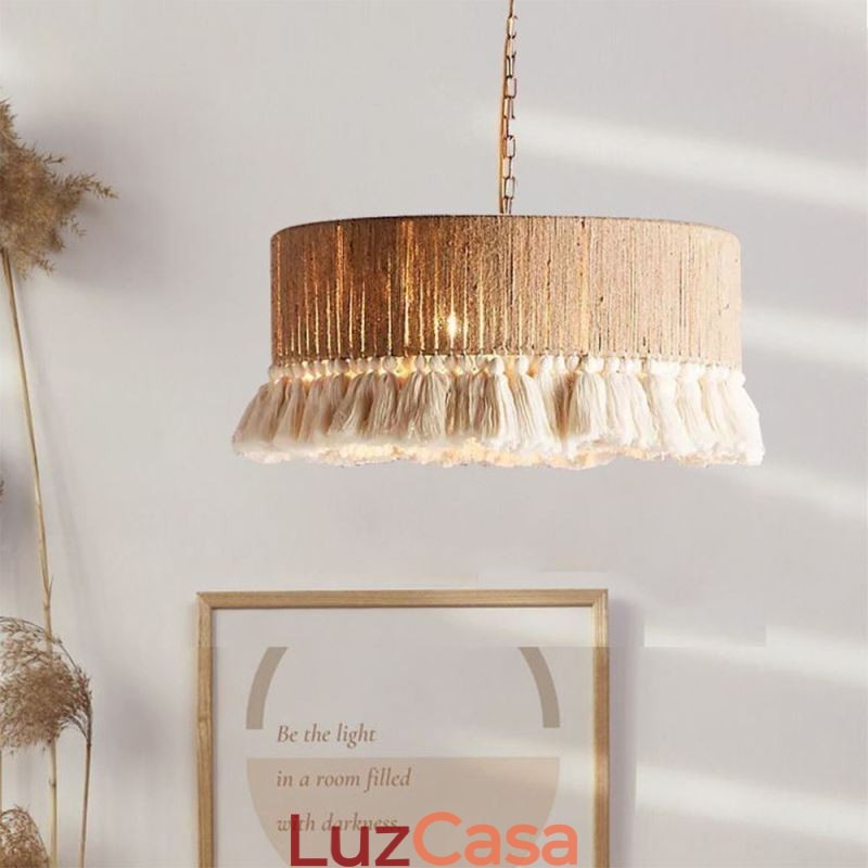 Luminária pendente retrô estilo boêmio com borla de corda de cânhamo