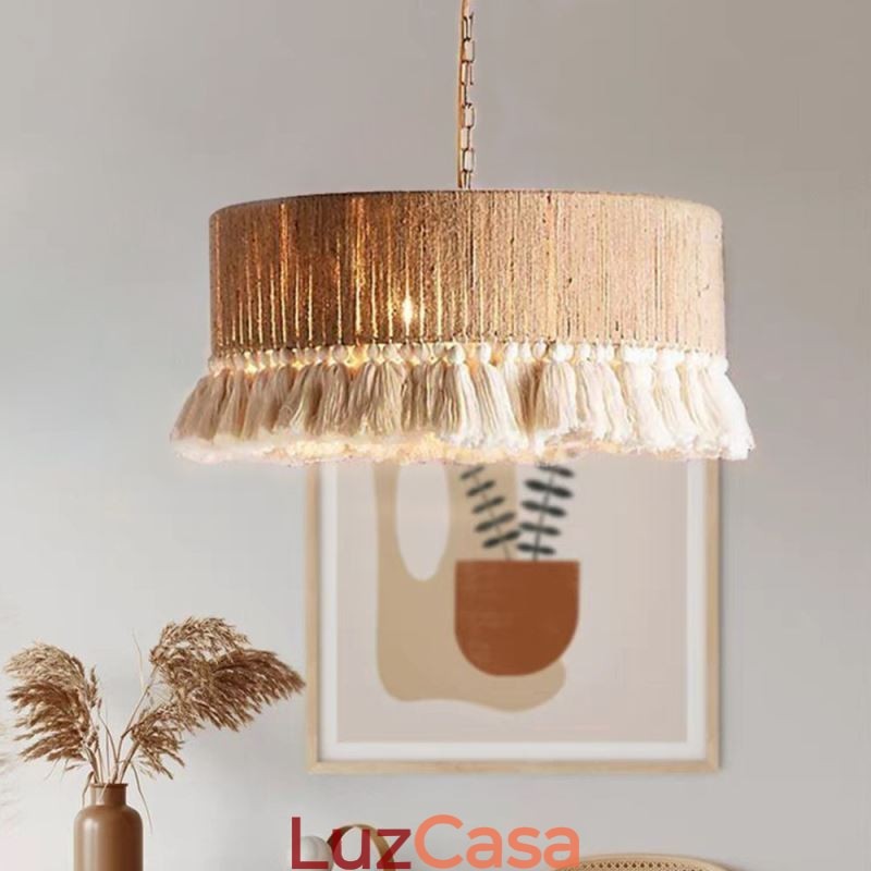 Luminária pendente retrô estilo boêmio com borla de corda de cânhamo