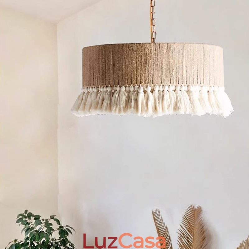 Luminária pendente retrô estilo boêmio com borla de corda de cânhamo