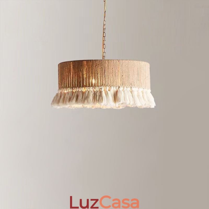 Luminária pendente retrô estilo boêmio com borla de corda de cânhamo
