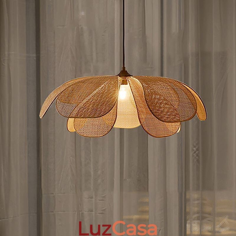 Luminária pendente de pétala de vime estilo wabi sabi, luminária de teto de vime trançada à mão