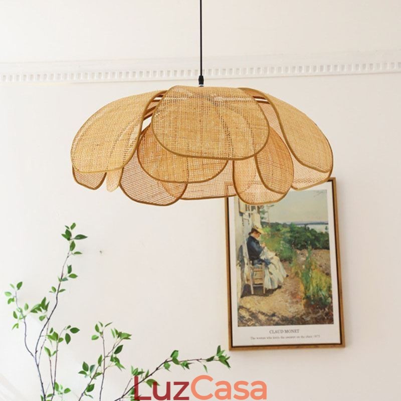 Luminária pendente de pétala de vime estilo wabi sabi, luminária de teto de vime trançada à mão