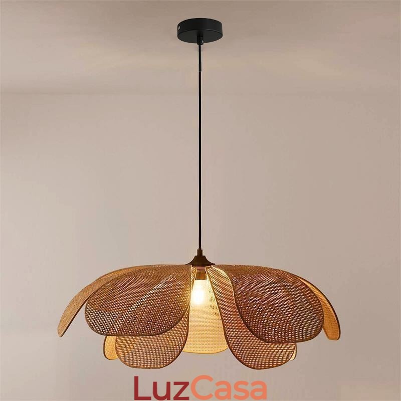 Luminária pendente de pétala de vime estilo wabi sabi, luminária de teto de vime trançada à mão