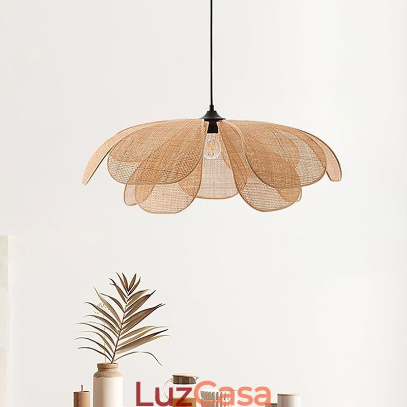 Luminária pendente de pétala de vime estilo wabi sabi, luminária de teto de vime trançada à mão