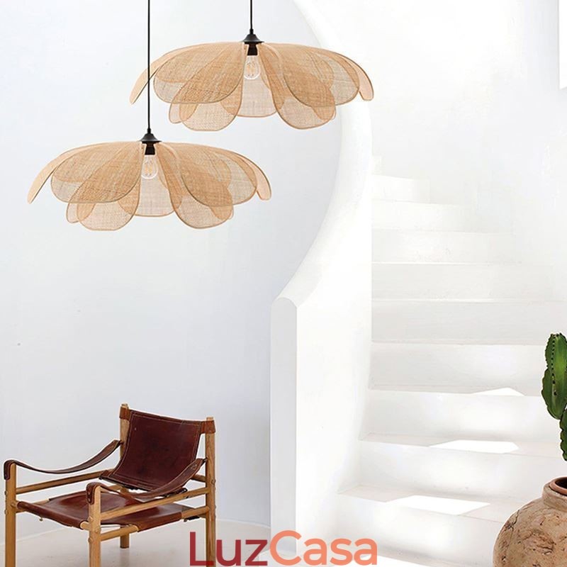 Luminária pendente de pétala de vime estilo wabi sabi, luminária de teto de vime trançada à mão