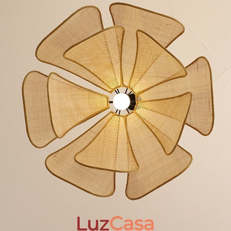 Luminária pendente de pétala de vime estilo wabi sabi, luminária de teto de vime trançada à mão