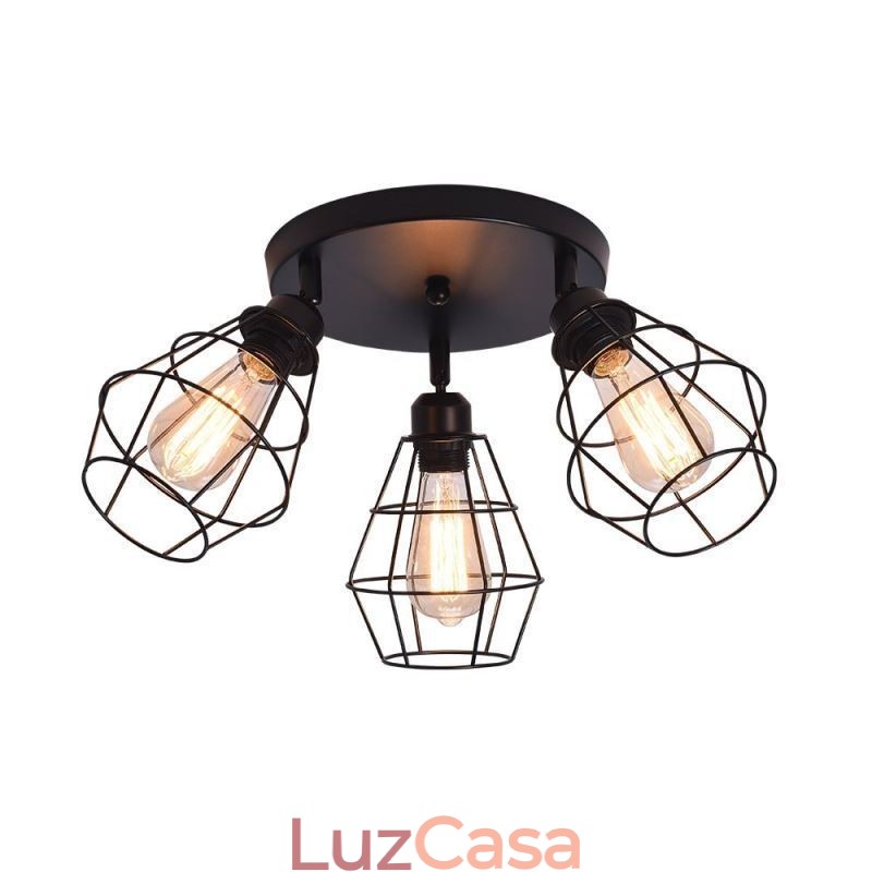 Luminária de teto industrial embutida 3 lâmpadas de teto de gaiola de metal