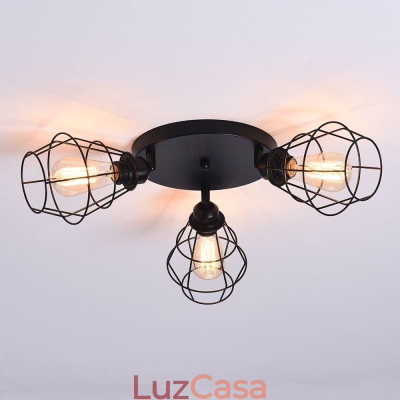 Luminária de teto industrial embutida 3 lâmpadas de teto de gaiola de metal