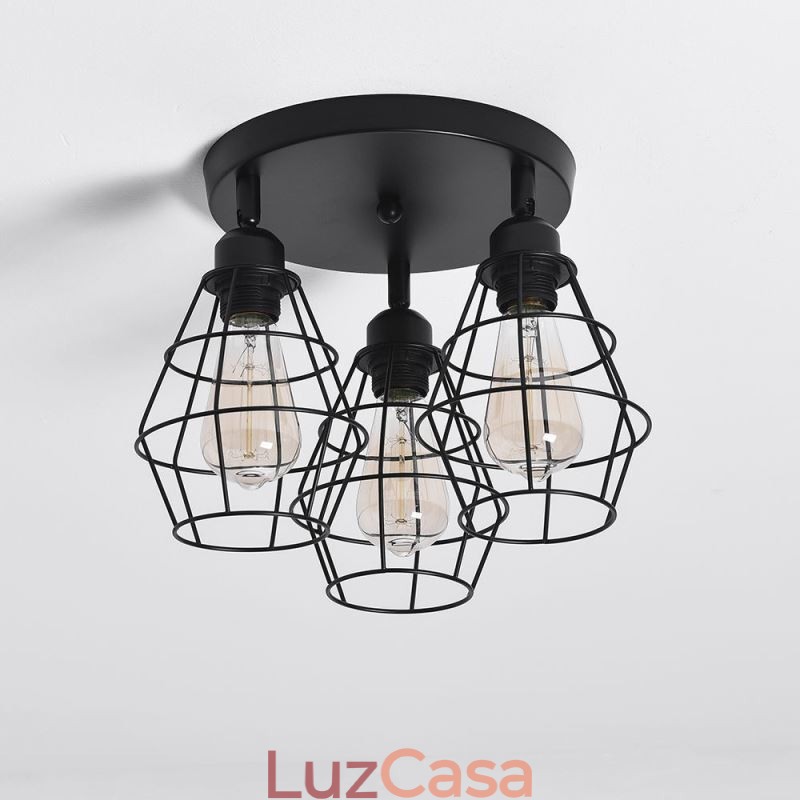 Luminária de teto industrial embutida 3 lâmpadas de teto de gaiola de metal