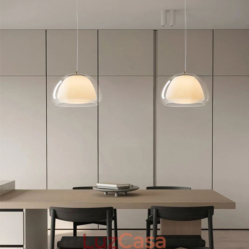 Luminária pendente moderna, simples, de vidro transparente, com luz de teto pudim