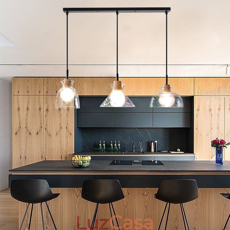 Luminária pendente simples e moderna, vidro permeável à água, 3 luzes de teto, abajur de cabeceira