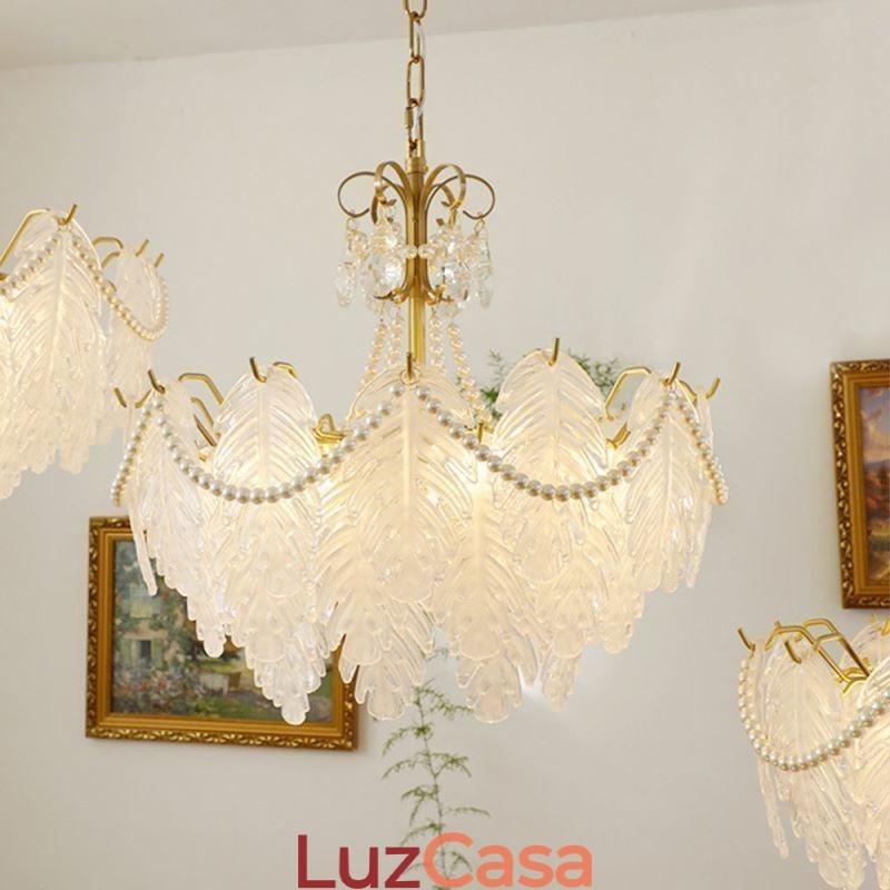 Luminária pendente de vidro europeia, luminária suspensa com folhas modernas