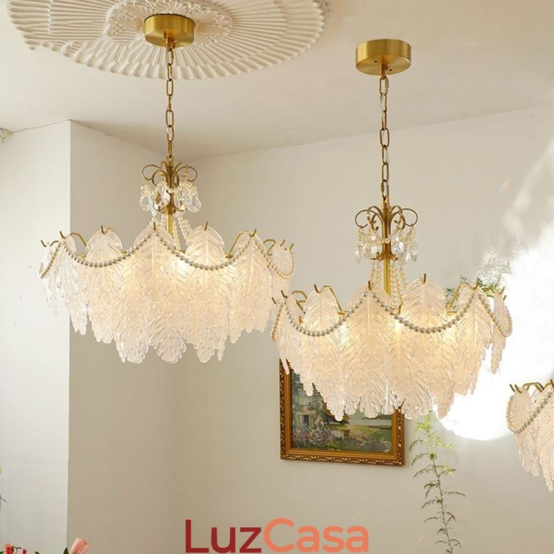 Luminária pendente de vidro europeia, luminária suspensa com folhas modernas