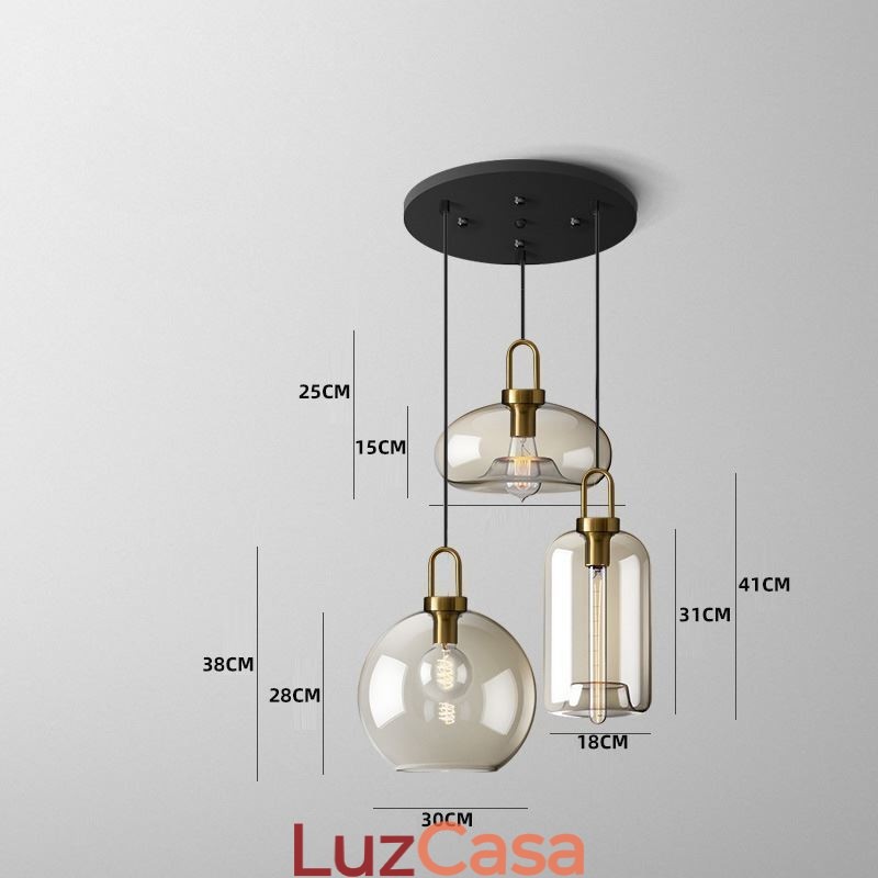 Luminária pendente de 3 luzes com ilha de sombra de vidro