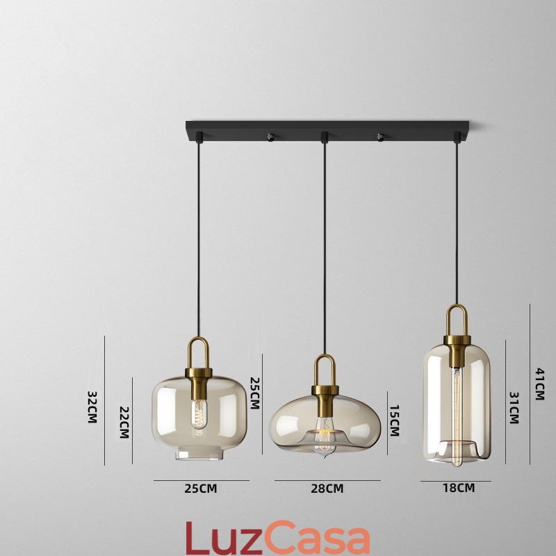 Luminária pendente de 3 luzes com ilha de sombra de vidro