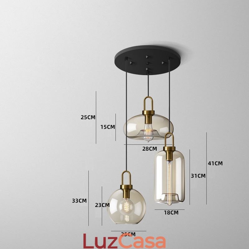 Luminária pendente de 3 luzes com ilha de sombra de vidro