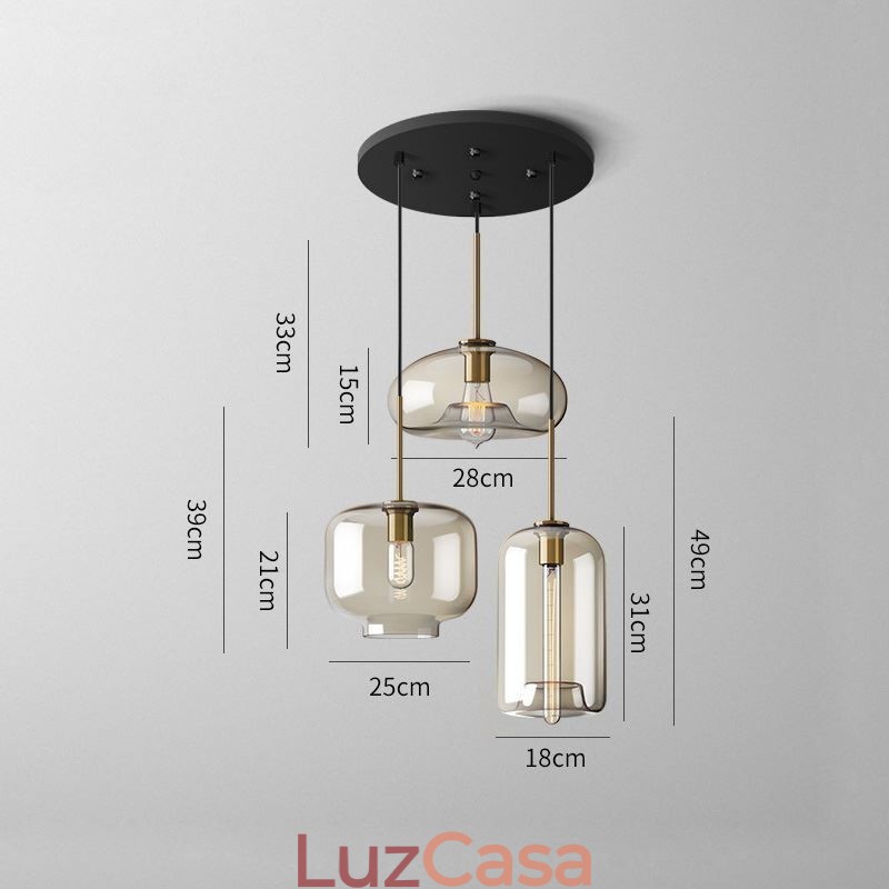 Luminária pendente de vidro com 3 luzes, luminária suspensa clássica para café