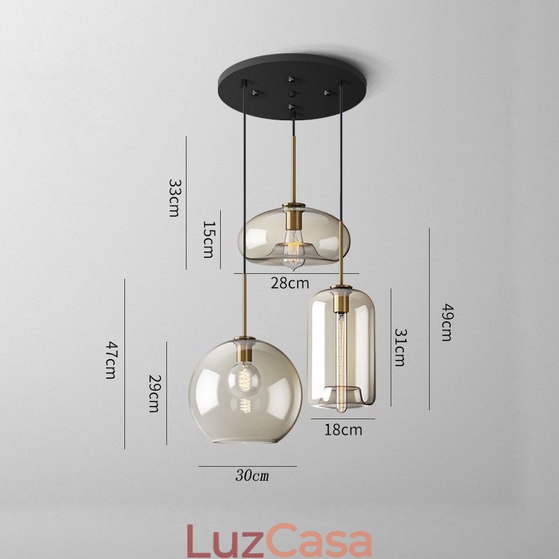 Luminária pendente de vidro com 3 luzes, luminária suspensa clássica para café