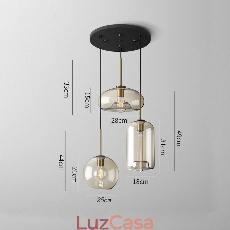 Luminária pendente de vidro com 3 luzes, luminária suspensa clássica para café