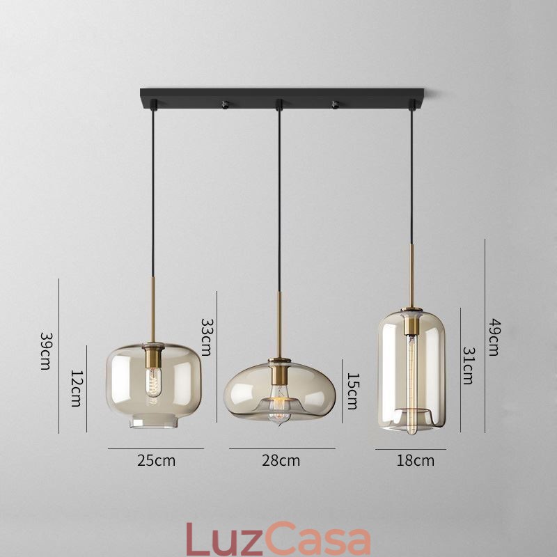Luminária pendente de vidro com 3 luzes, luminária suspensa clássica para café