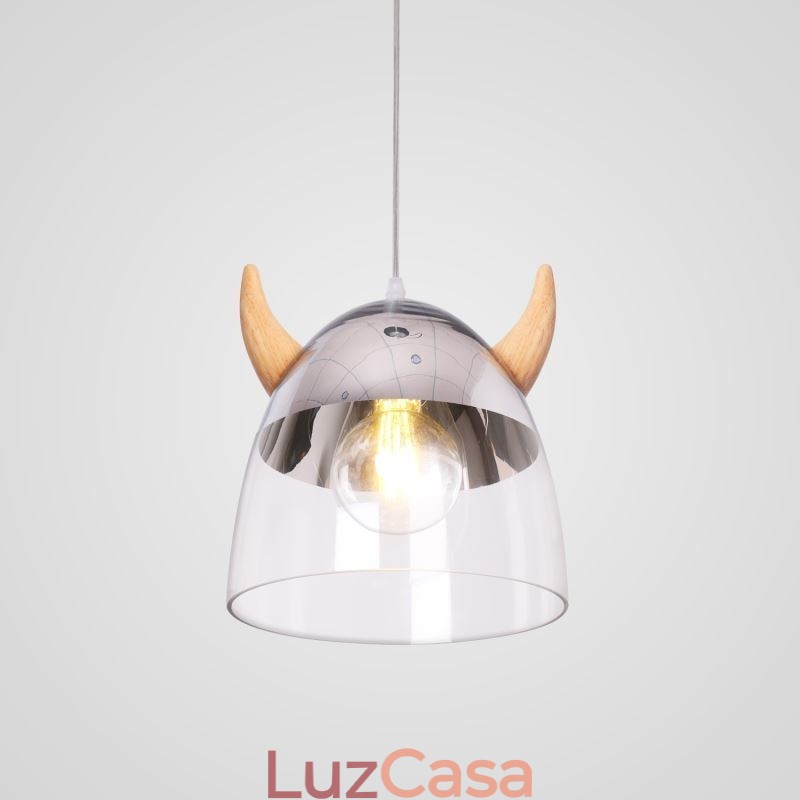 Luminária pendente de vidro clássica, lâmpada de chifre de madeira, iluminação criativa