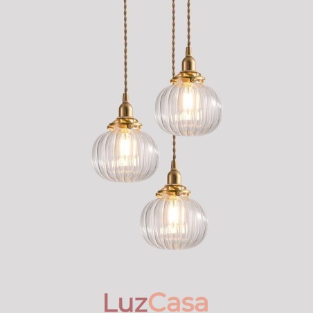 Luminária pendente de vidro transparente redonda com nervuras em formato de abóbora 1 luz