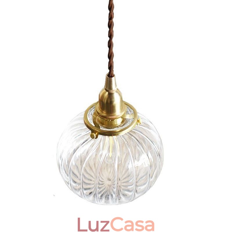 Luminária pendente de vidro transparente redonda com nervuras em formato de abóbora 1 luz