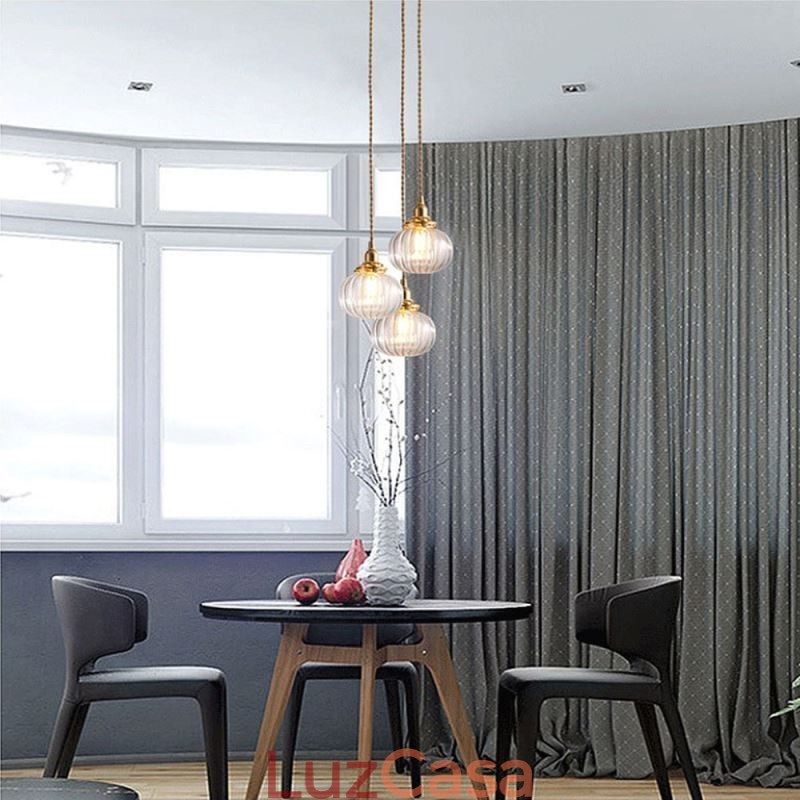 Luminária pendente de vidro transparente redonda com nervuras em formato de abóbora 1 luz