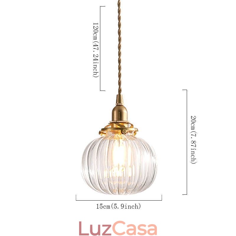 Luminária pendente de vidro transparente redonda com nervuras em formato de abóbora 1 luz