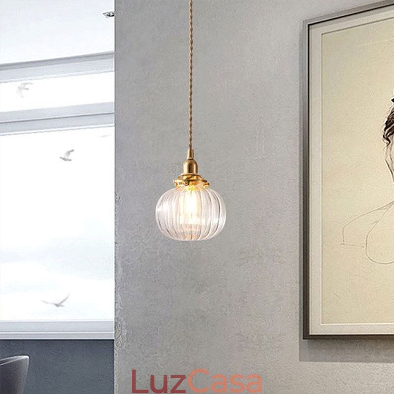 Luminária pendente de vidro transparente redonda com nervuras em formato de abóbora 1 luz