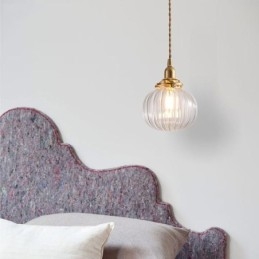 Luminária pendente de vidro transparente redonda com nervuras em formato de abóbora 1 luz