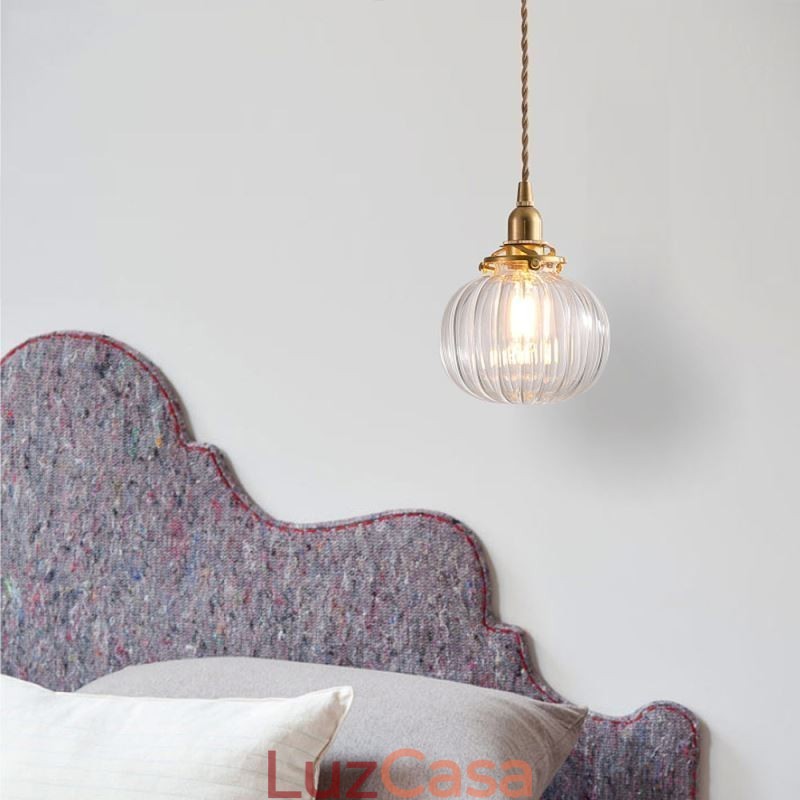 Luminária pendente de vidro transparente redonda com nervuras em formato de abóbora 1 luz