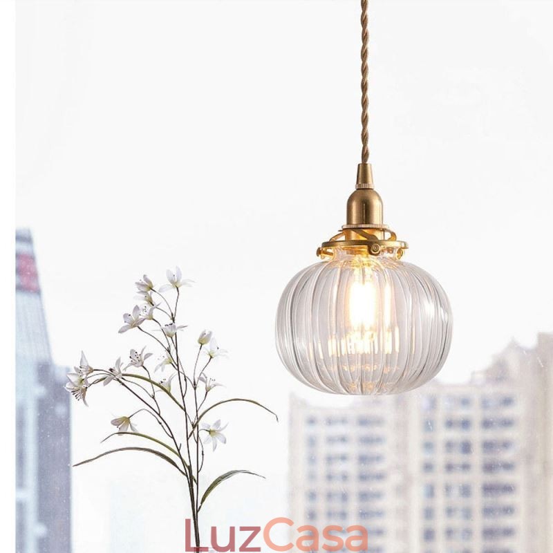 Luminária pendente de vidro transparente redonda com nervuras em formato de abóbora 1 luz