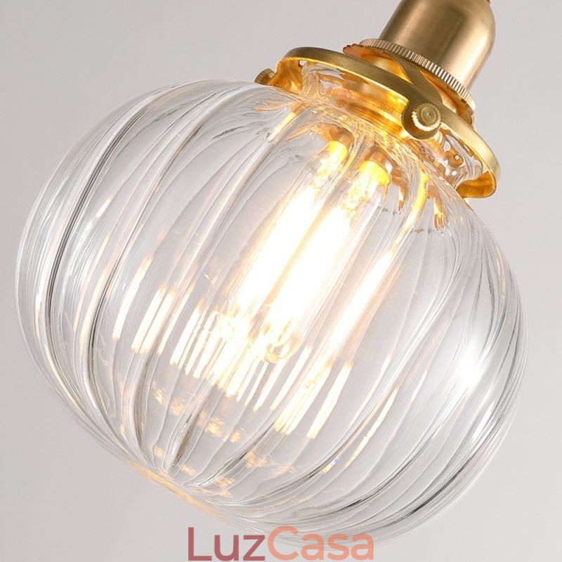 Luminária pendente de vidro transparente redonda com nervuras em formato de abóbora 1 luz