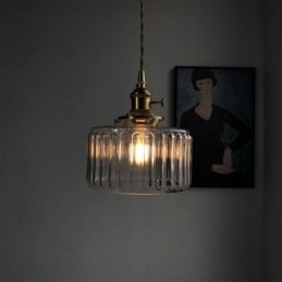 Luminária pendente de vidro transparente com nervuras e interruptor giratório