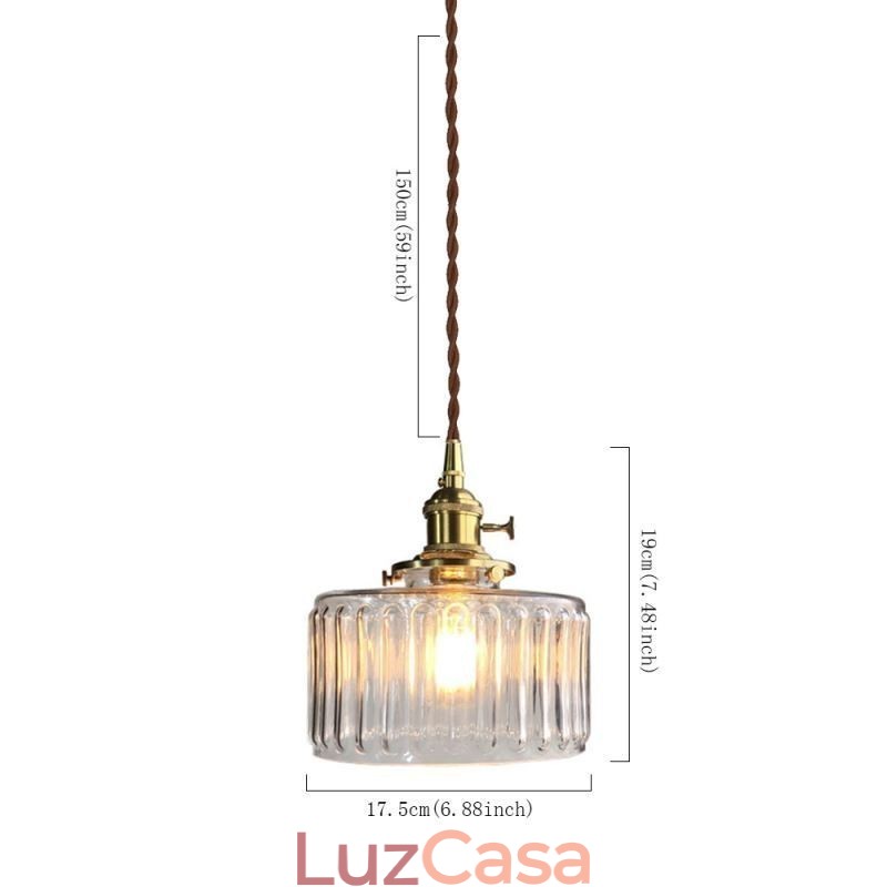 Luminária pendente de vidro transparente com nervuras e interruptor giratório
