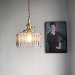 Luminária pendente de vidro transparente com nervuras e interruptor giratório