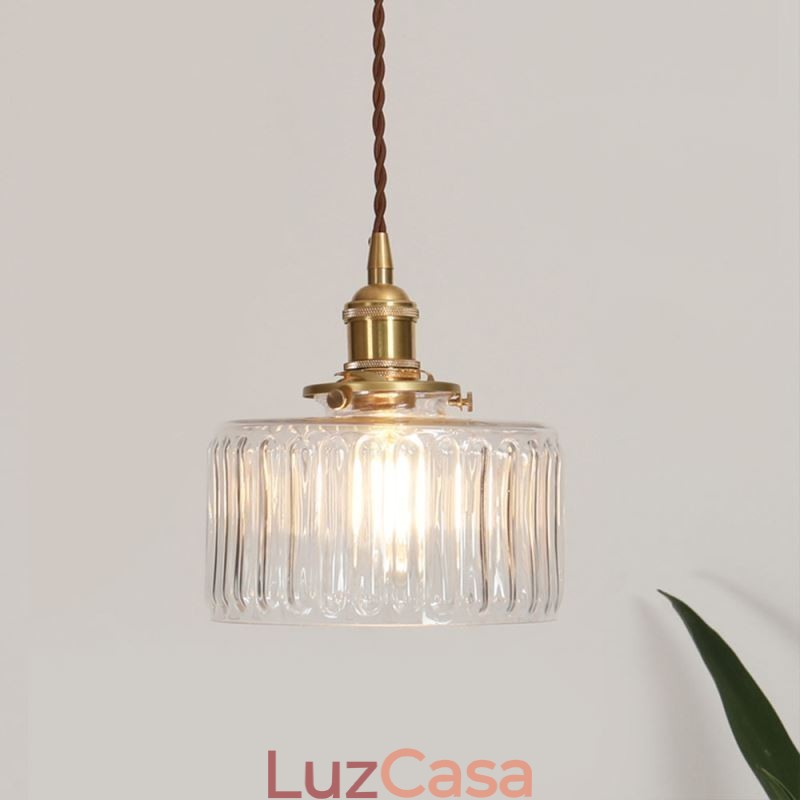 Luminária pendente de vidro transparente com nervuras e interruptor giratório