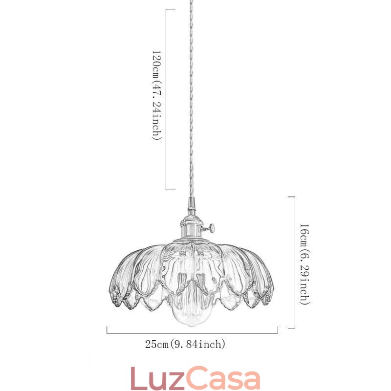 Luminária pendente de vidro retrô moderna com abajur de flores e interruptor giratório