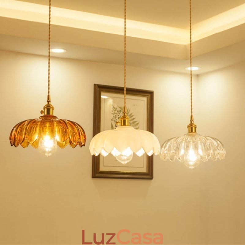 Luminária pendente de vidro retrô moderna com abajur de flores e interruptor giratório