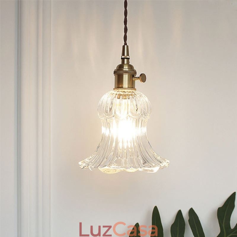 Luminária pendente de vidro transparente com nervuras em forma de flor com interruptor giratório
