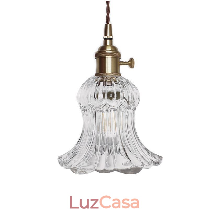 Luminária pendente de vidro transparente com nervuras em forma de flor com interruptor giratório