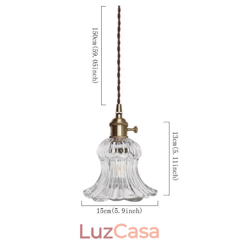Luminária pendente de vidro transparente com nervuras em forma de flor com interruptor giratório