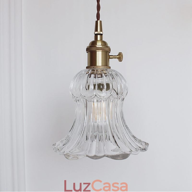 Luminária pendente de vidro transparente com nervuras em forma de flor com interruptor giratório