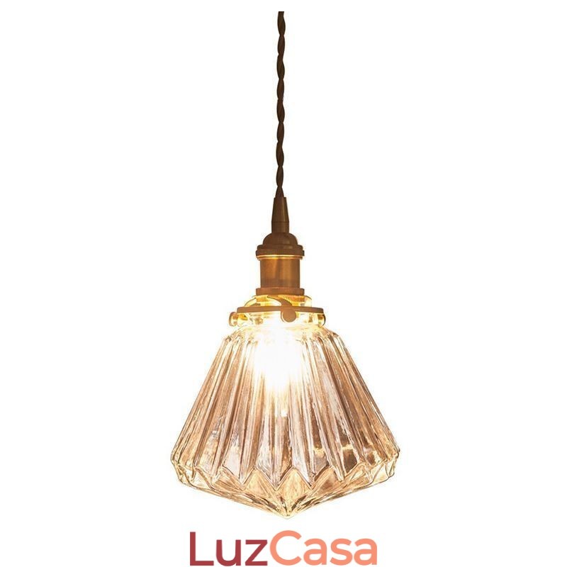 Luminária pendente de vidro com nervuras em diamante transparente