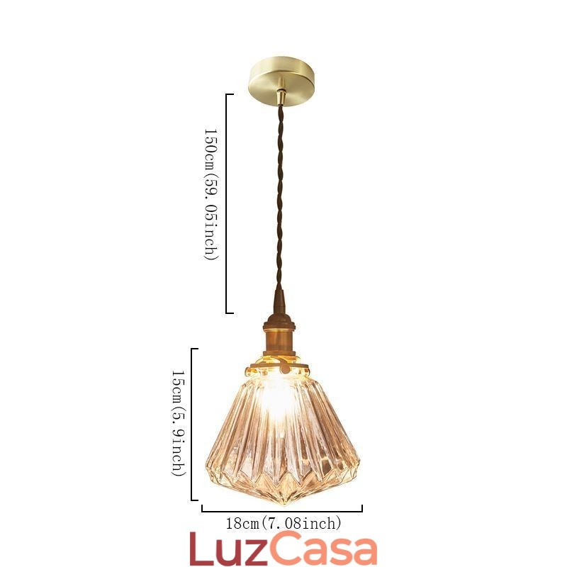 Luminária pendente de vidro com nervuras em diamante transparente