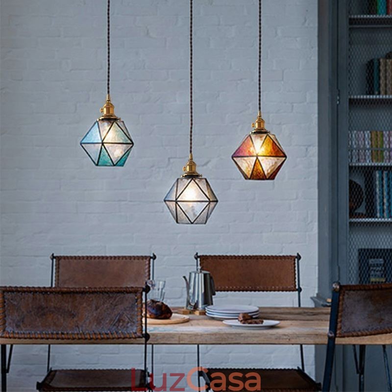 Luminária pendente geométrica de vidro colorido estilo fazenda