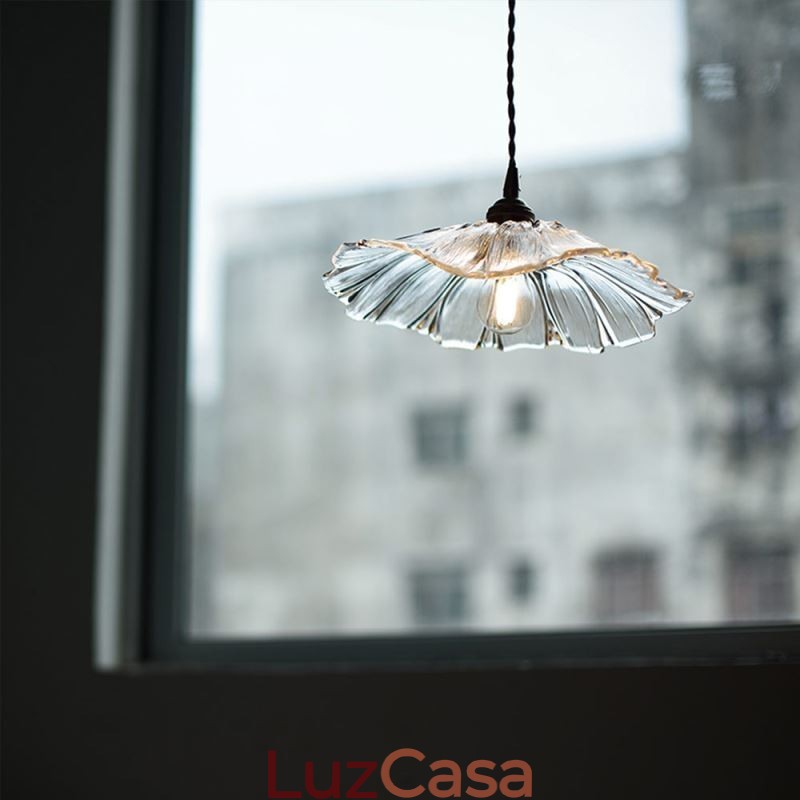Luminária pendente de vidro transparente com nervuras de folha de lótus Lâmpada Homestay