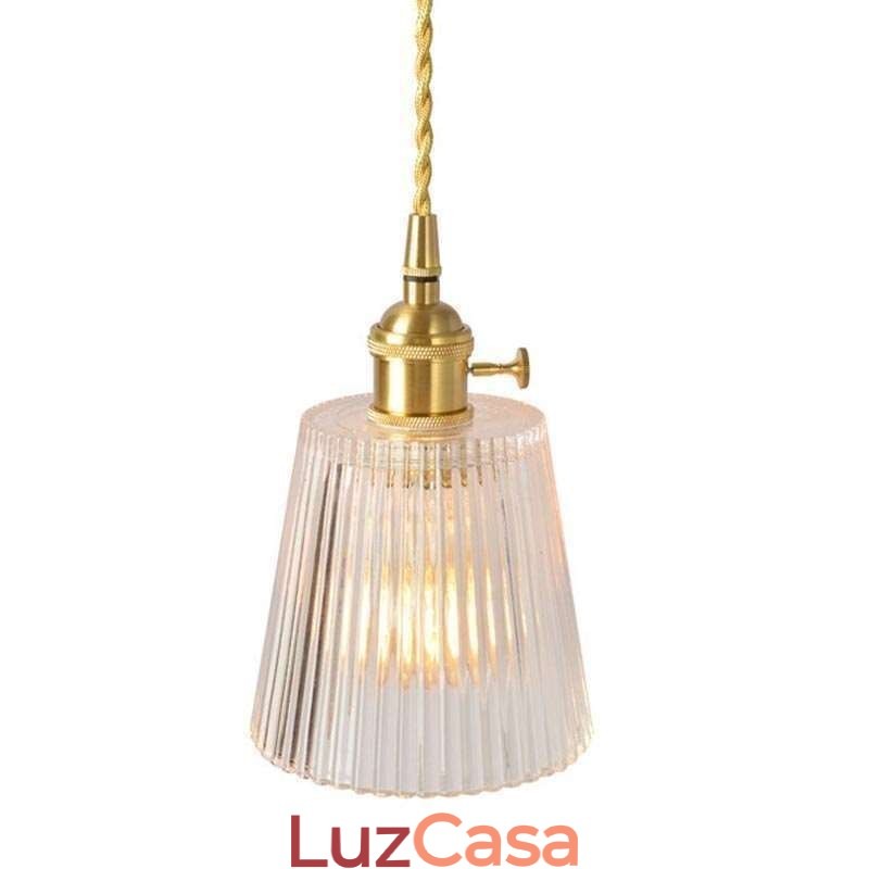 Luminária pendente de vidro com nervuras de latão, cone de abajur com interruptor giratório