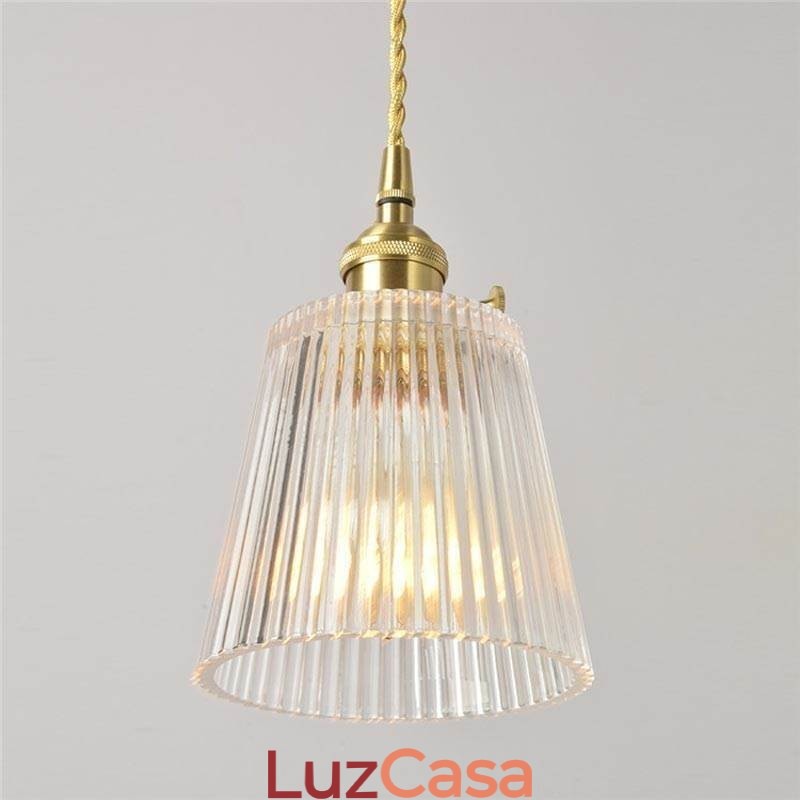 Luminária pendente de vidro com nervuras de latão, cone de abajur com interruptor giratório